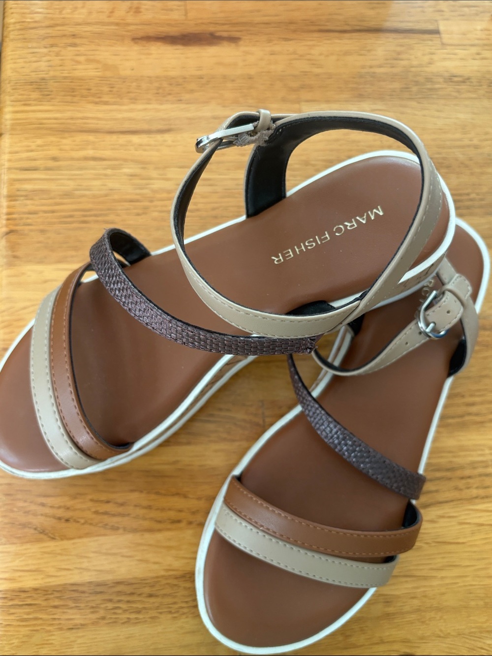 Marc Fisher Beige and Brown Strappy Ankle Strap Sandals